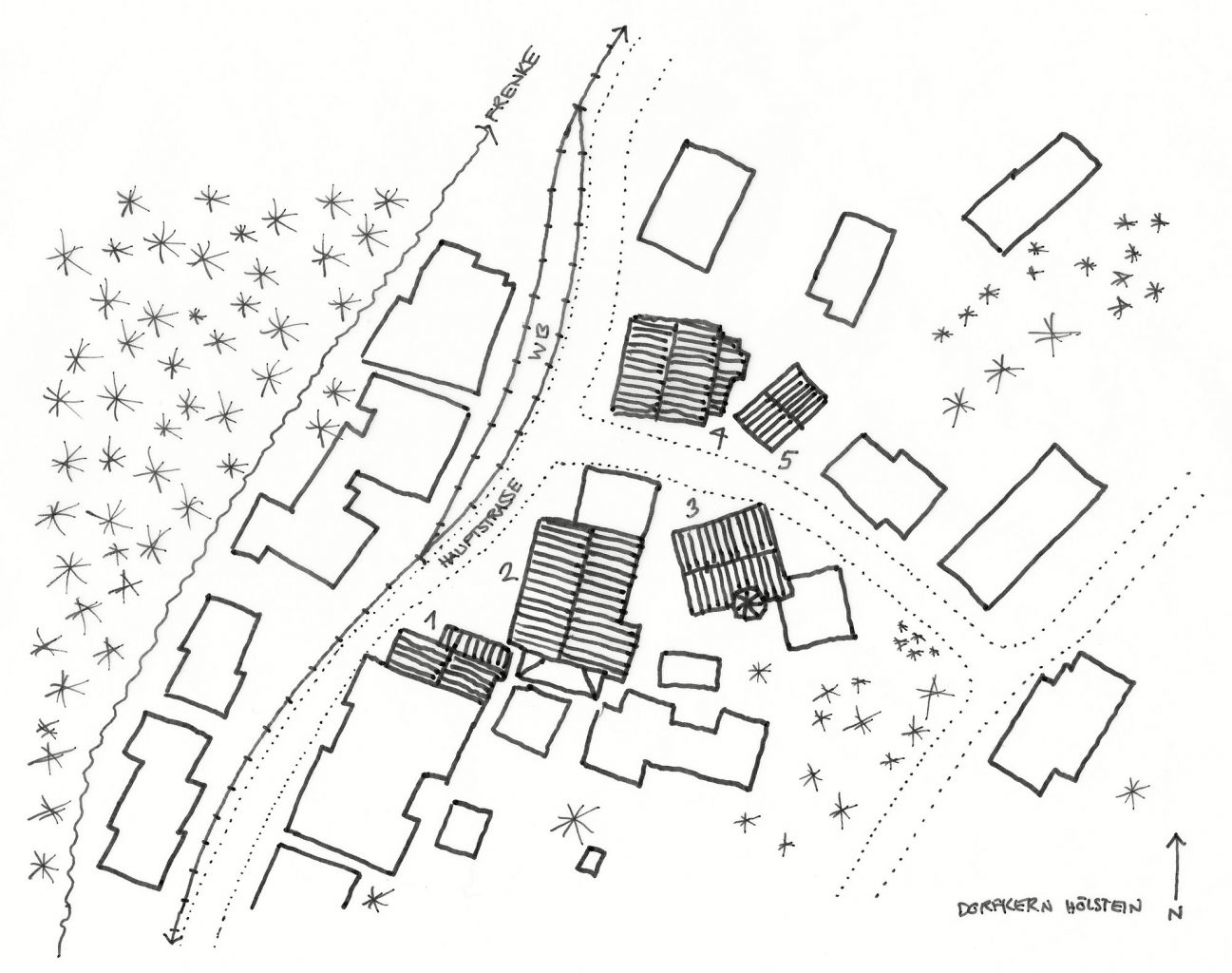 Dorkern: 1) Bauernhaus 2) Zehntenscheune 3) Neuhaus 4) Rössli 5) Rössli-Scheune, Hölstein © Architektur Basel