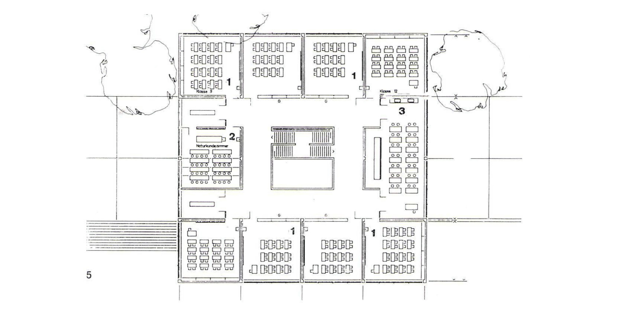 Konsequent, Grundriss Obergeschoss, Schulhaus Spiegelfeld, Binningen, Quelle: Bauen + Wohnen 4/1966