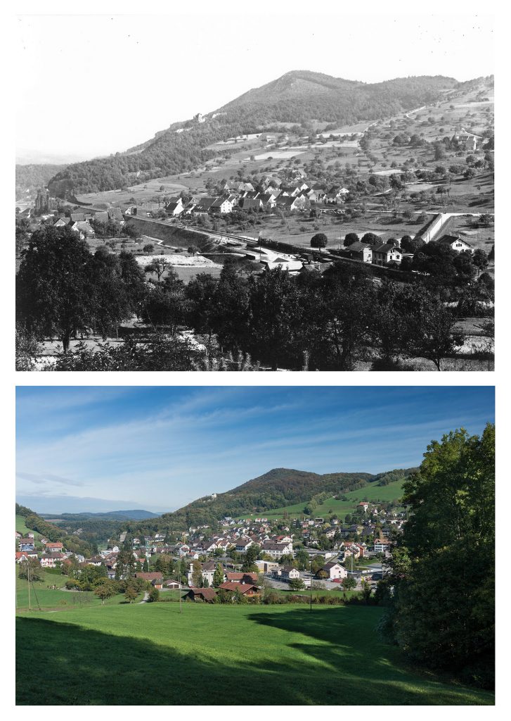 Läufelfingen mit Bahndamm 1895 (oben, Archiv Heinz Spinnler) und heute (unten, © Andreas Zimmermann)