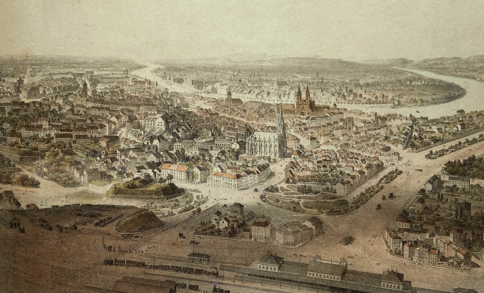Basel aus der Vogelperspektive, Ansicht von Süden, Lithografie von Jean-Baptiste Arnout, um 1865 – aus Stadt.Geschichte.Basel Band 6