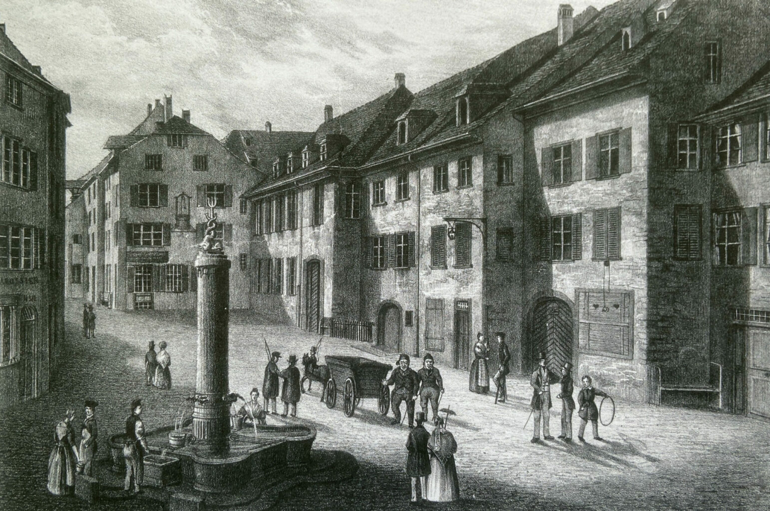 Niklaus «Niggi» Münch und David «Boppi» Keller sind prominent platziert: «Das alte Spital zu Basel», Lithografie von H. Maurer, wahrscheinlich nach 1842 – aus Stadt.Geschichte.Basel Band 5