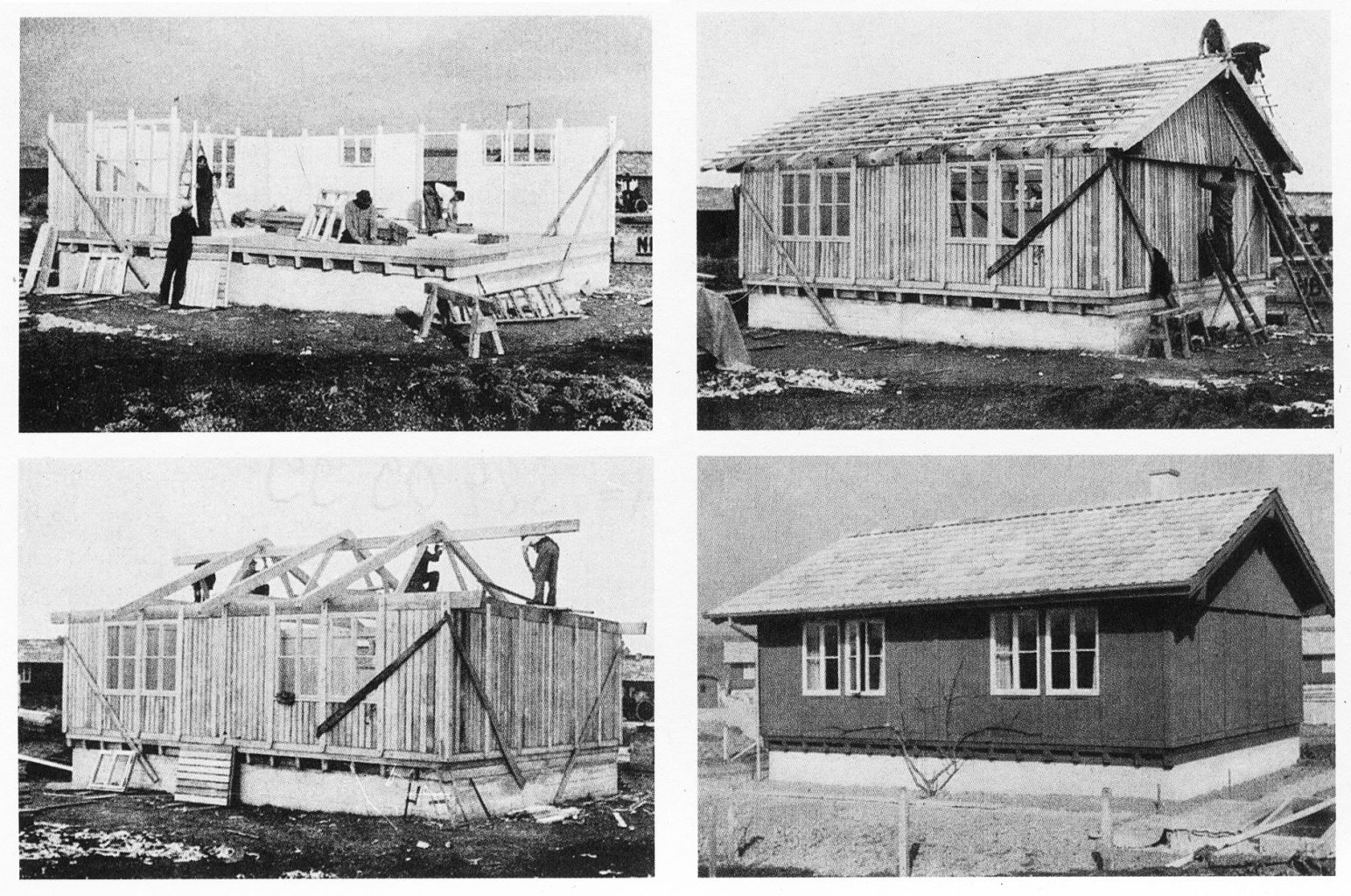 Montage eines NILBO-Hauses aus der Publikation der Nielsen-Bohny & Cie. AG: "Wohnbauten aus Holz nach dem Montage System NILBO", Basel, 1944