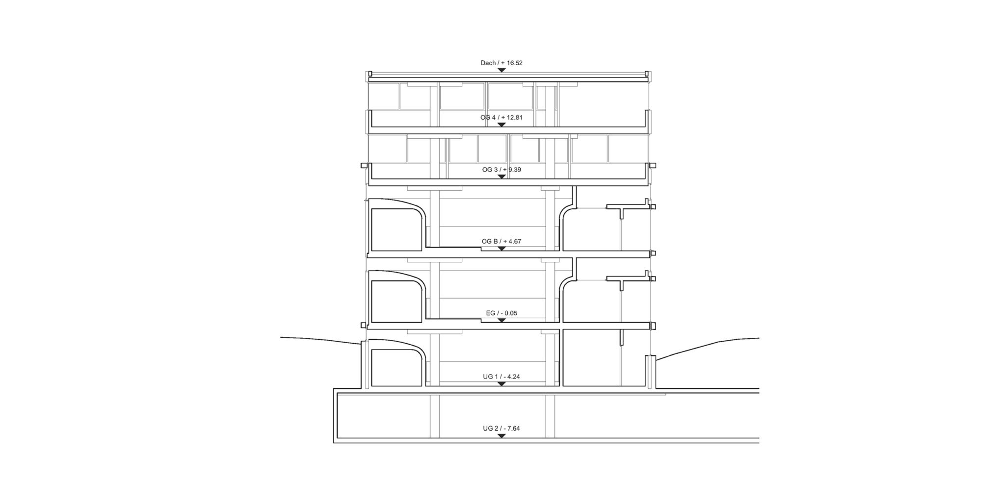 Schnitt Nord-Süd entlang der Gerichtssäle © Notaton