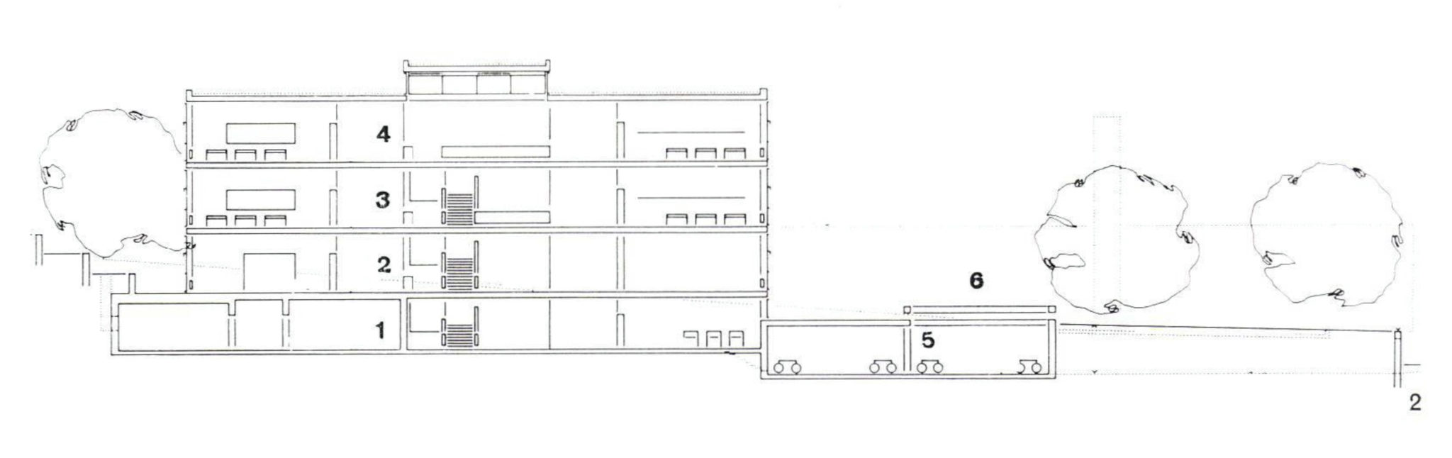 Schwierige Hanglage, Schnitt, Schulhaus Spiegelfeld, Binningen, Quelle: Bauen + Wohnen 4/1966