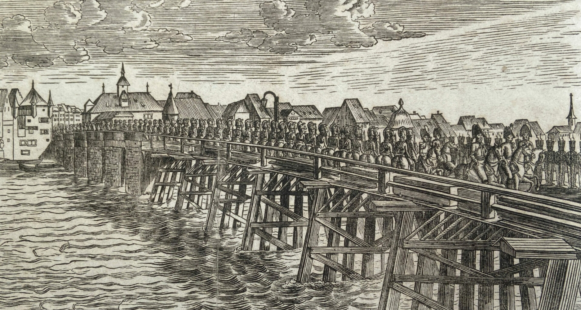 Eine der seltenen öffentlichen Stadtbeleuchtungen im Hintergrund: Einzug der drei Monarchen auf der Mittlere Brücke am 13. Januar 1814, anonymer Holzschnitt, 1814 – aus Stadt.Geschichte.Basel Band 5