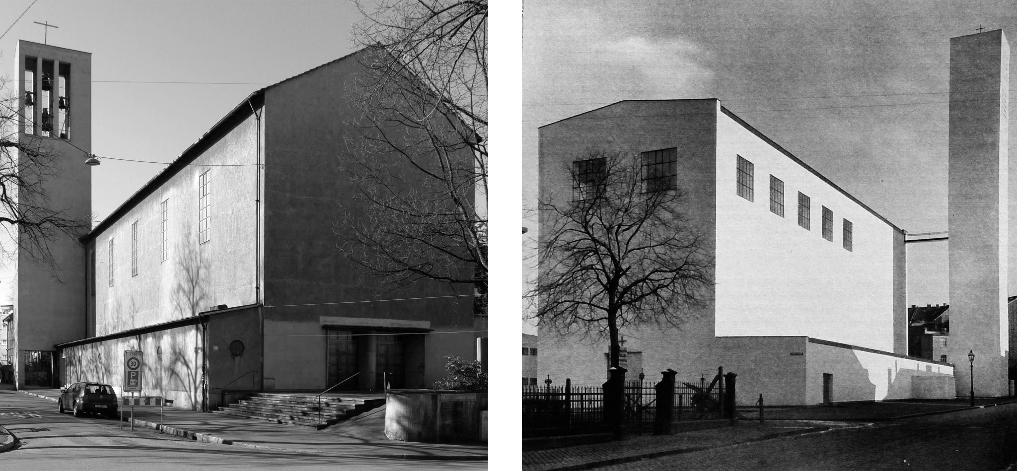 Links: Kirche Don Bosco in Basel / Rechts: Fronleichnamskirche in Aachen