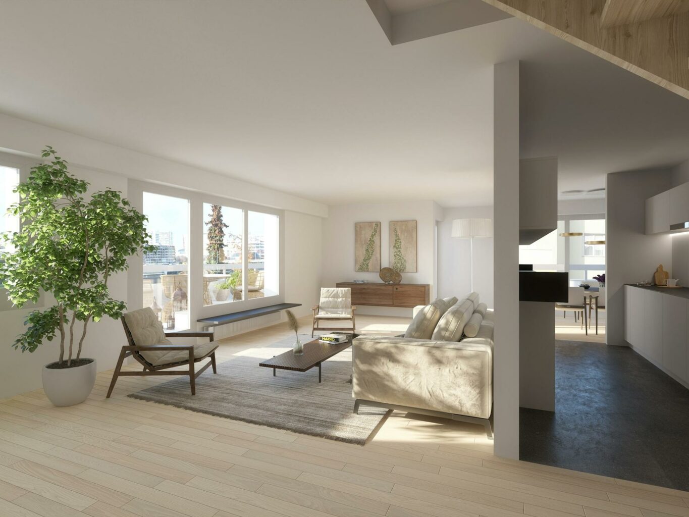 Die Küche befindet sich im Auge des Rundlaufs. Trotz heller Wohnung kommt sie etwas dunkel daher. Schade eigentlich... Visualisierung: Kren Architektur
