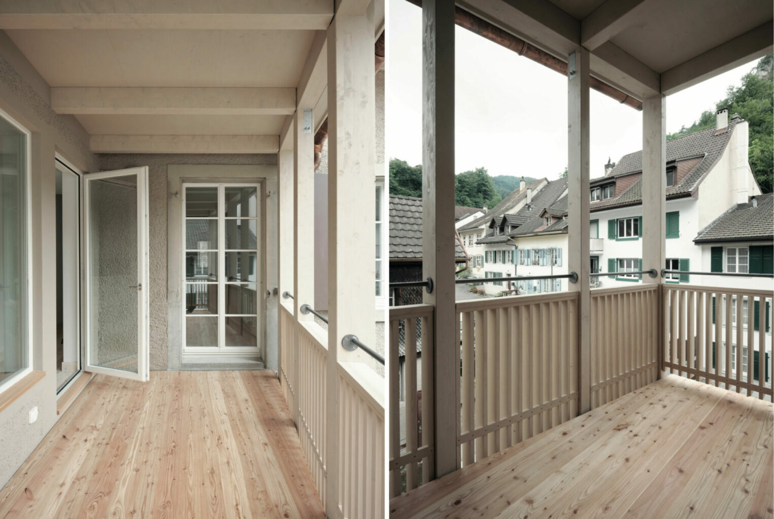 Die neue Laube erweitert die Wohnungen von Nr. 70 um einen Aussenraum. Blick vom 2. OG in die Gasse. Die Laube dient als Filter und macht die grosse Öffnung in der dahinter liegenden Fassade erst möglich. Foto © Annette Fischer