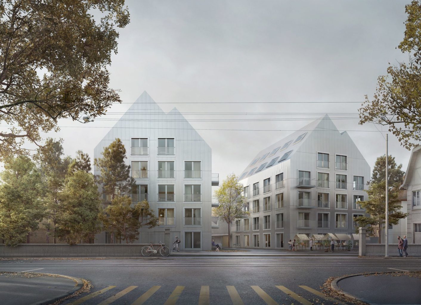 Blick von der Hardstrasse aus auf die Neubauten © Miller & Maranta Architekten