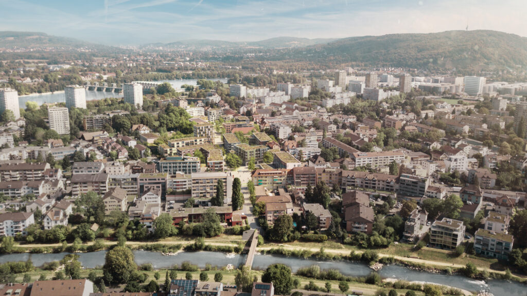 Vogelperspektive auf das Neue Zentrum Birsfelden © Harry Gugger Studio, Basel, Westpol Landschaftsarchitektur, Basel, Visualisierung: nightnurse, Zürich