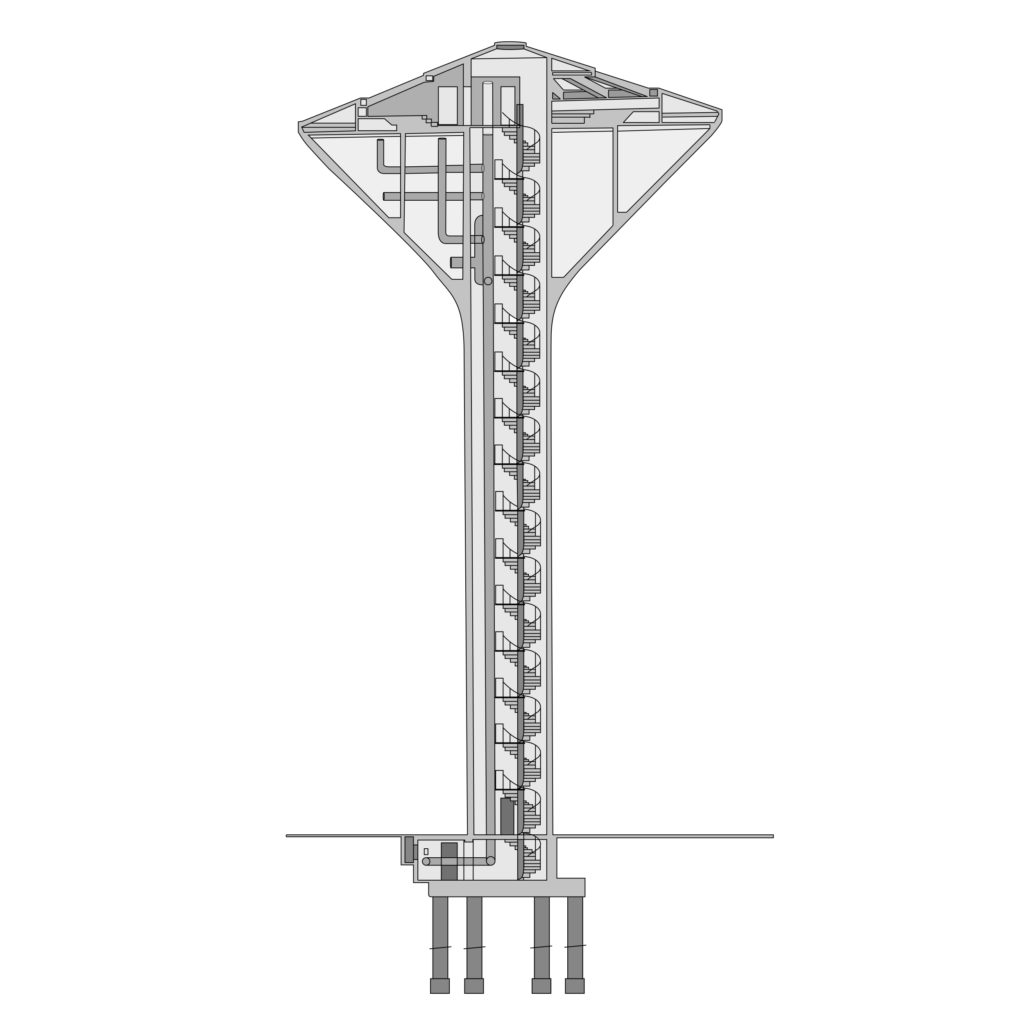Querschnitt des Allschwiler Turms. Die Betonpfähle reichen 18 m in den Boden, Quelle: commons.wikimedia.org, AutorIn: Sektori, 2013, CC BY-SA 3.0, bearbeitet