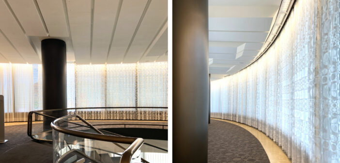 Geländer aus gebogenem Glas und Spannteppiche © Architektur Basel
