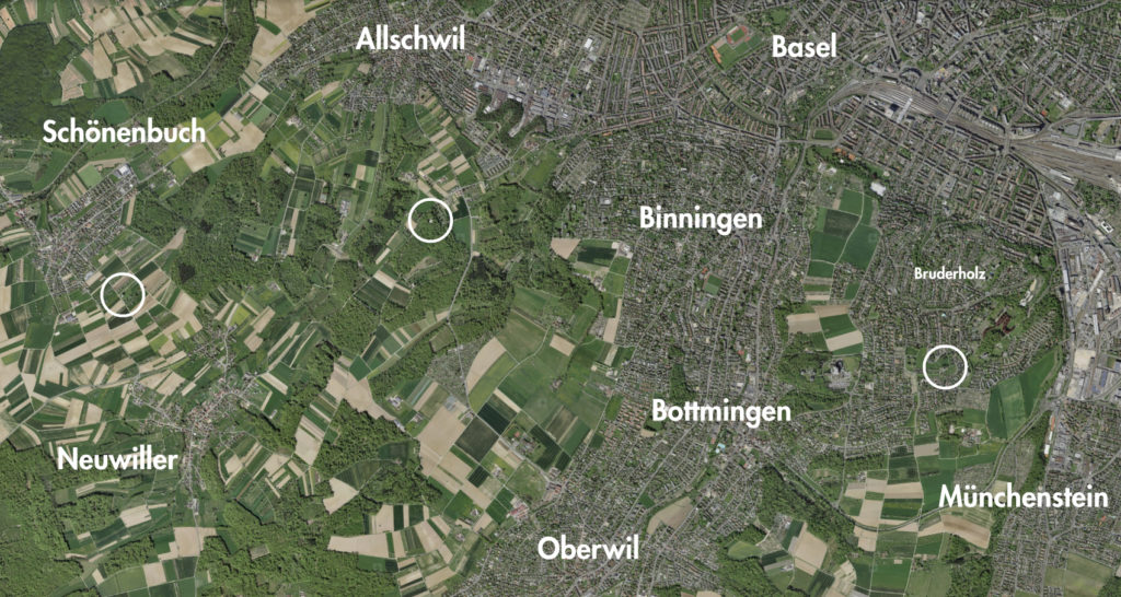 Gleich drei Wassertürme gibts in der Region Basel Grundlagen: © Bundesamt für Landestopografie swisstopo