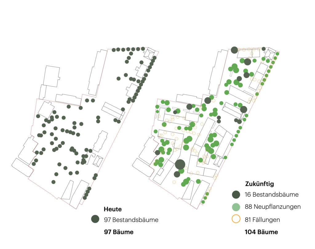 Vorher-Nachher-Vergleich der Baumbestände, Quelle: Präsentation zum Infoanlass «Quartierplan Zentrum» vom 21.10.2021