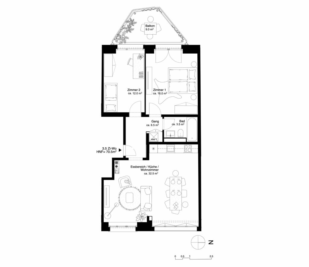 Die 3.5-Zimmer Wohnung bietet einen ostseitigen Wohn- und Essbereich, eine westseitige Zimmerschicht mit Balkon und eine kleine Nasszelle mit Waschturm, Grundriss: Pensionskasse SBB, Bern, Entwurf: Superdraft Studio, Basel