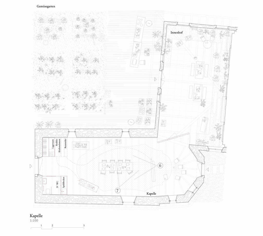 Nutzungsvorschlag für den Innenhof und die ehemalige Kapelle, Darstellung: Solanellas Van Noten Meister Architekten