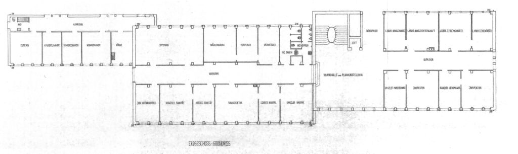 Grundriss Nr.31 (1952), der rechte Teil mit Treppenhaus ist dreigeschossig, der linke Teil nur eingeschossig
