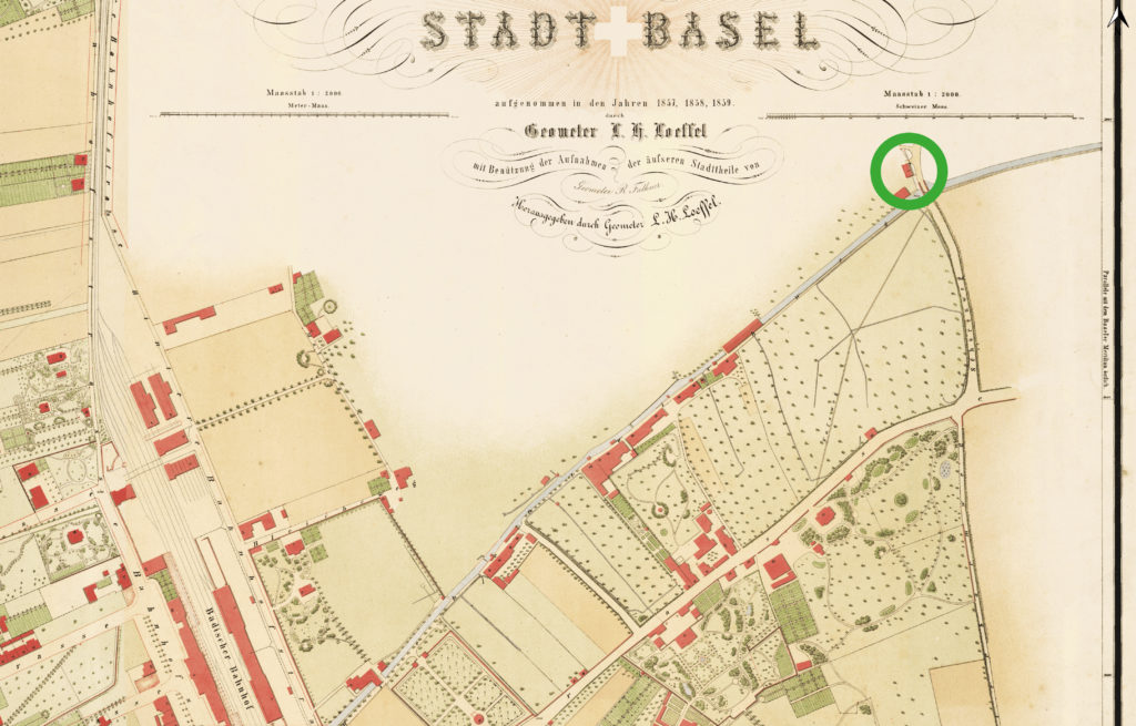 Das Burckhardt'sche Landhaus (grüner Kreis) auf dem Löffelplan 1862