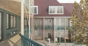 Der Laubengang verbindet den Bestand mit dem Neubau und rahmt den Hof, Visualisierung: Solanellas Van Noten Meister Architekten
