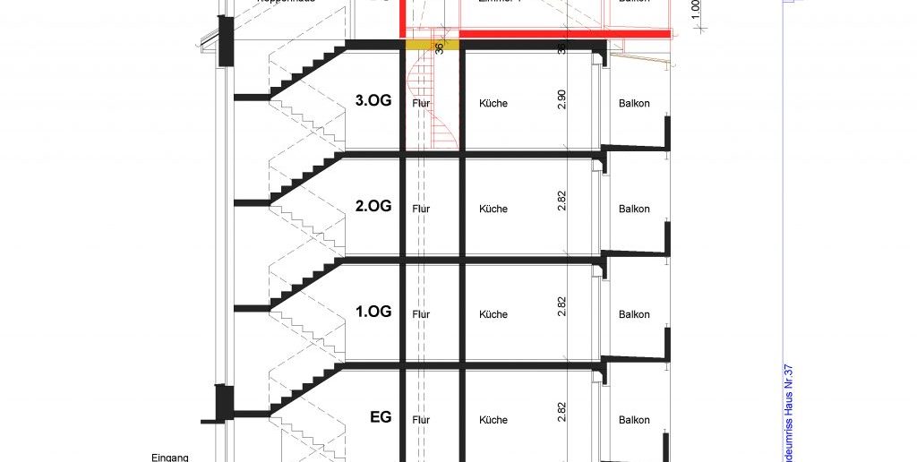 Das Haus im Schnittt: In Rot die Aufstockung © Wohnstadt