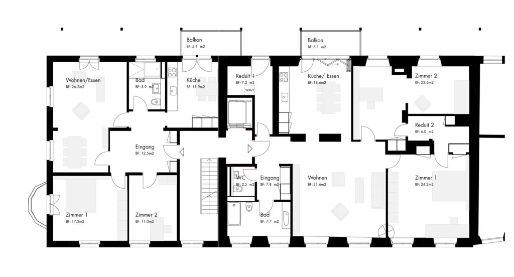 Je zwei Wohnungen pro Geschoss © Rosenmund + Rieder Architekten BSA SIA AG