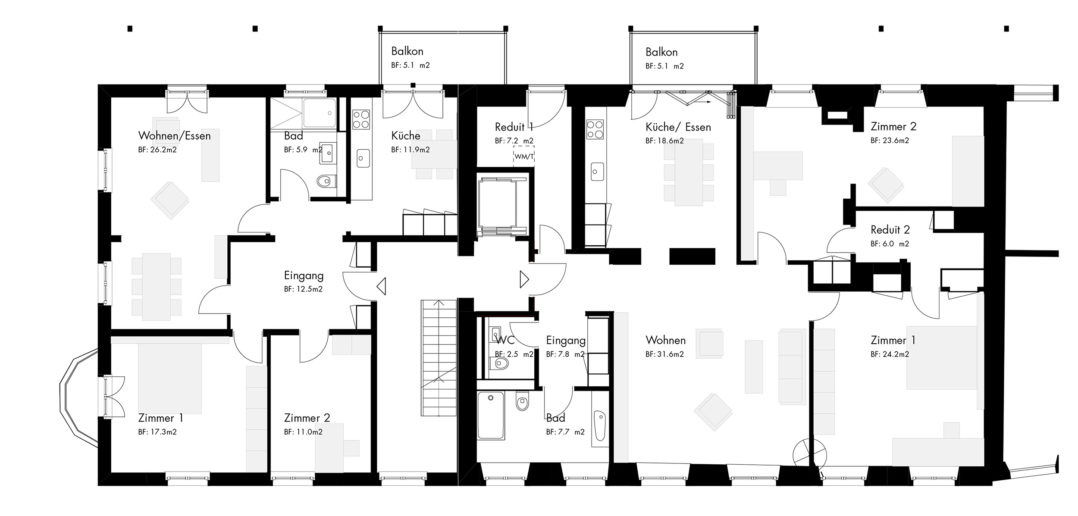 Je zwei Wohnungen pro Geschoss © Rosenmund + Rieder Architekten BSA SIA AG