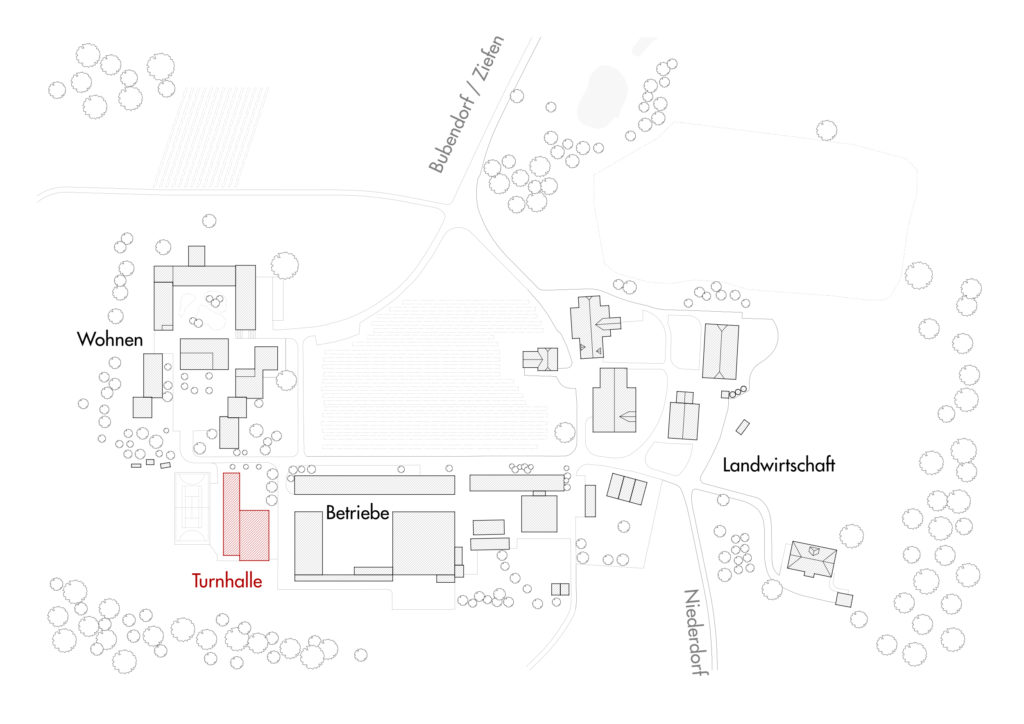 Übersichtsplan (genordet)der Anlage, Grundlagen: Geodaten des Kantons Basel-Landschaft, Website des MZjE Arxhof, Plan: Simon Heiniger / Architektur Basel