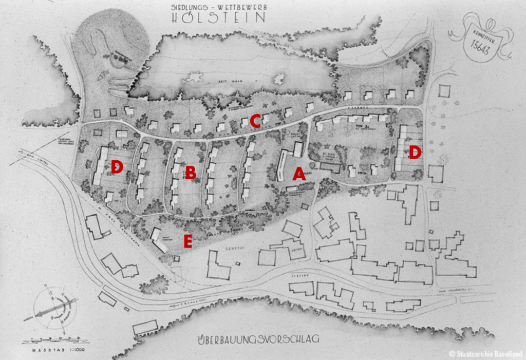 «Überbauungsvorschlag für den Siedlungswettbewerb Hölstein (...)» (bearbeitet), Bildnachweis: D2.12922, Fotosammlung, Staatsarchiv Basel-Landschaft, Foto: Arnold Seiler-Rudin, CC BY-SA 4.0