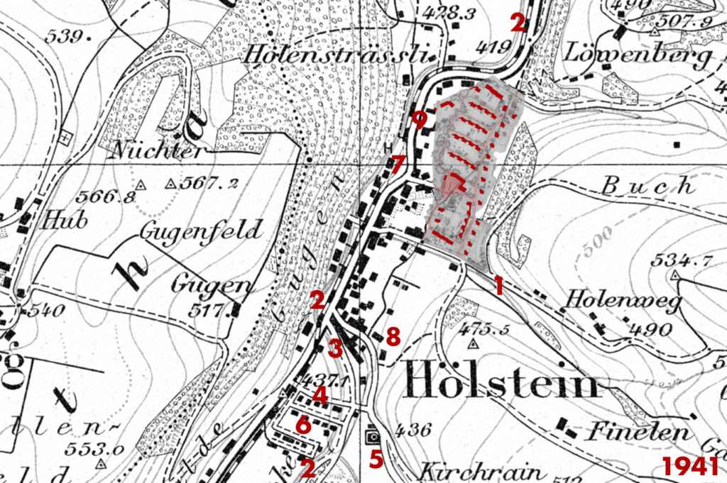 Karte von Hölstein um das Jahr 1941 mit eingezeichnetem Siedlungsprojekt (rot), Grundlagen Karte © Bundesamt für Landestopografie swisstopo