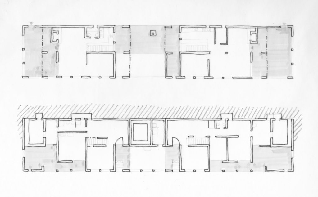 oben: Wohngeschoss mit Höfen, unten: Eingangsgeschoss mit Lauben, Planskizze: Simon Heiniger / Architektur Basel